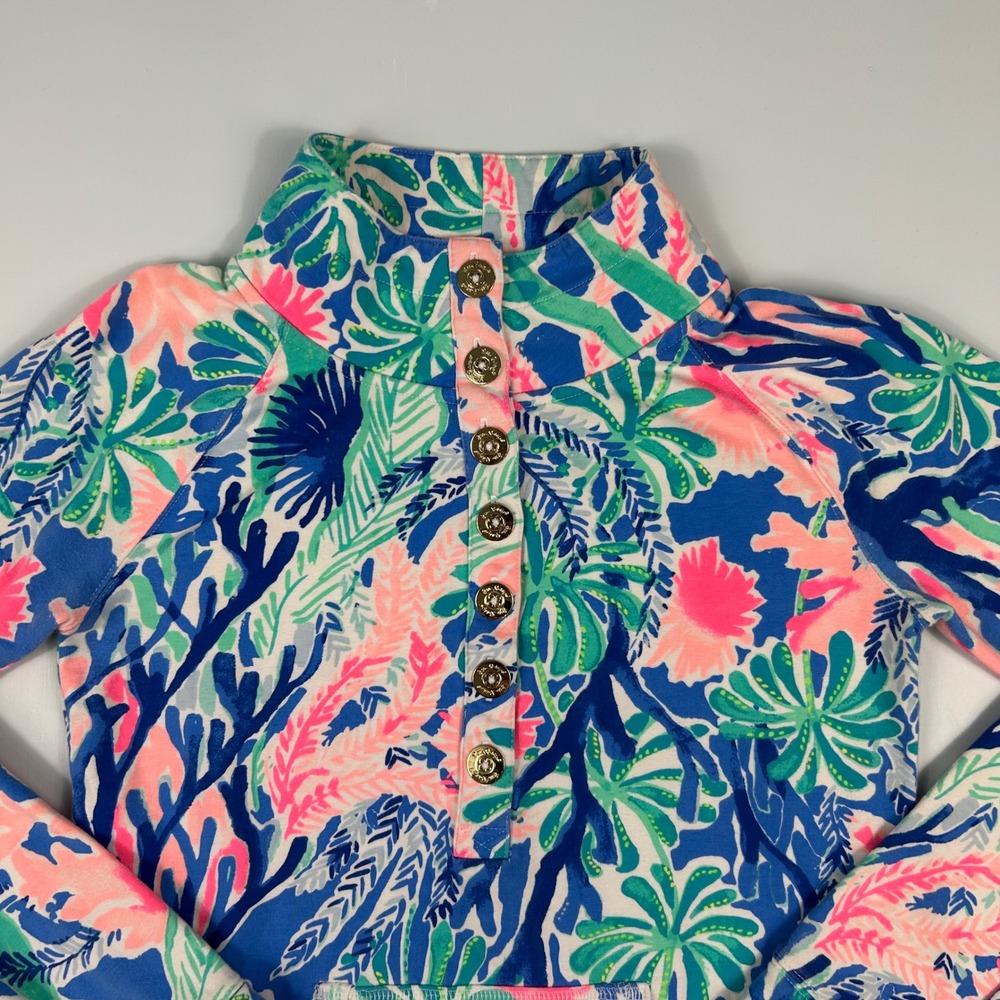 Lilly Pulitzer Skipper Popover XS Blue Pink Tropical Coral Button Sweatshirt‎